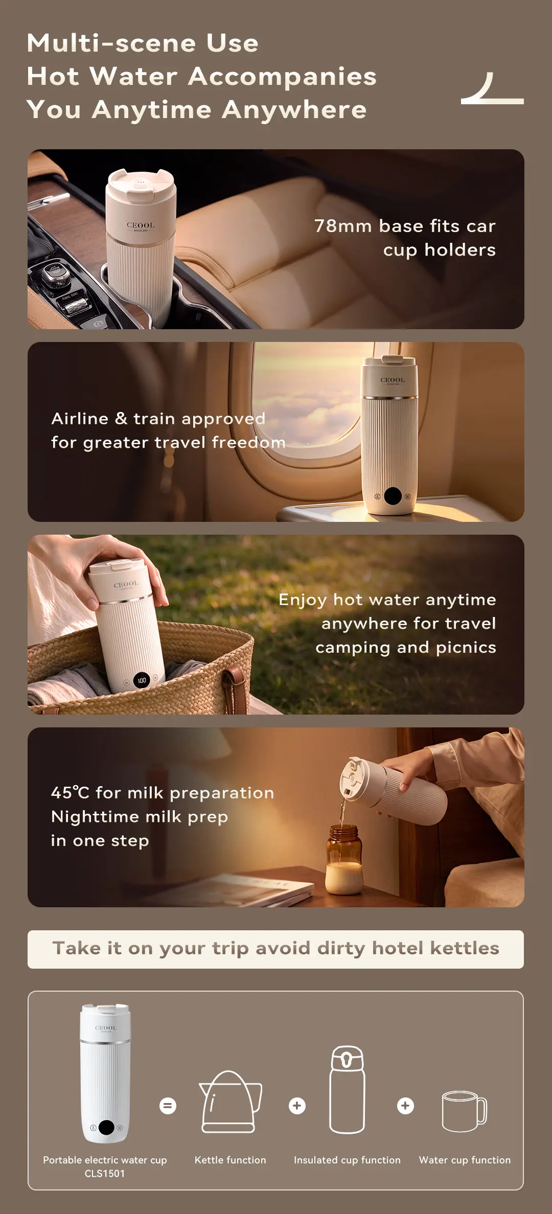 CEOOL CLS1501 portable boiling cup,multi-scene travel use,car airplane camping milk prep,OEM ODM