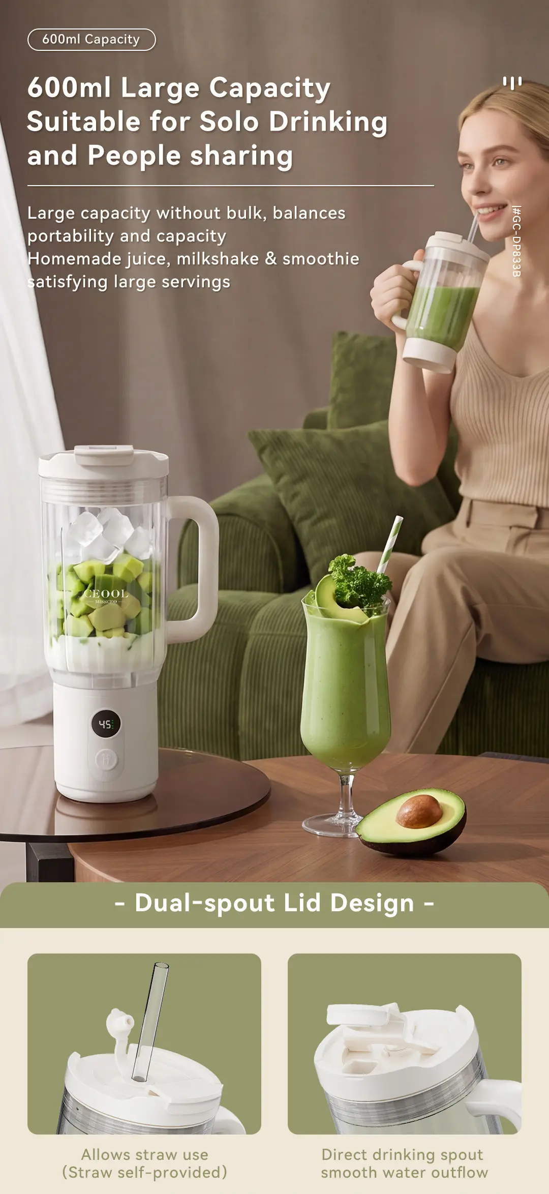 DP833B blender with a 600 ml cup and dual drinking spout lid