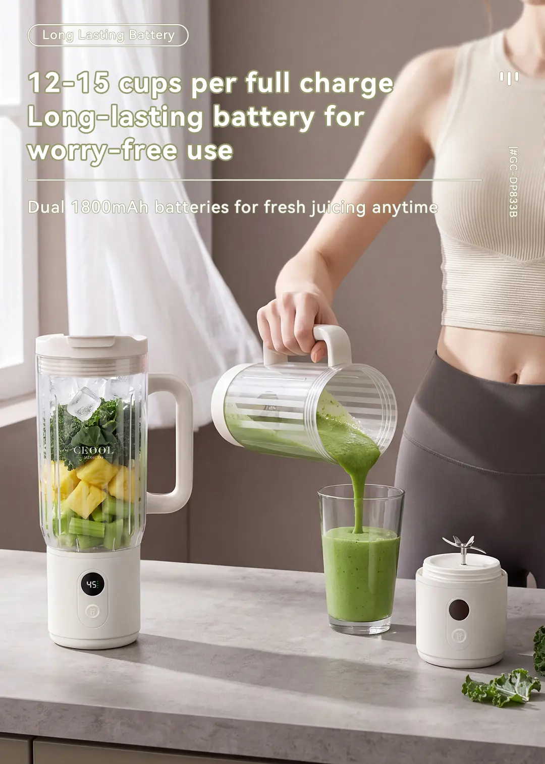 Pouring a green smoothie from the DP833B rechargeable blender